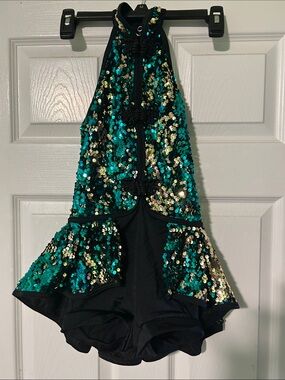 Weissman Sequin Halter Dance Costume Top in Teal & Gold